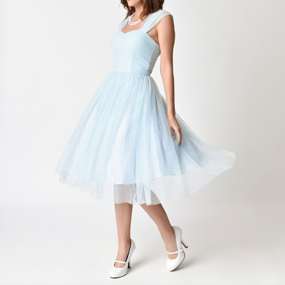 Unique Vintage light blue swiss dot dress